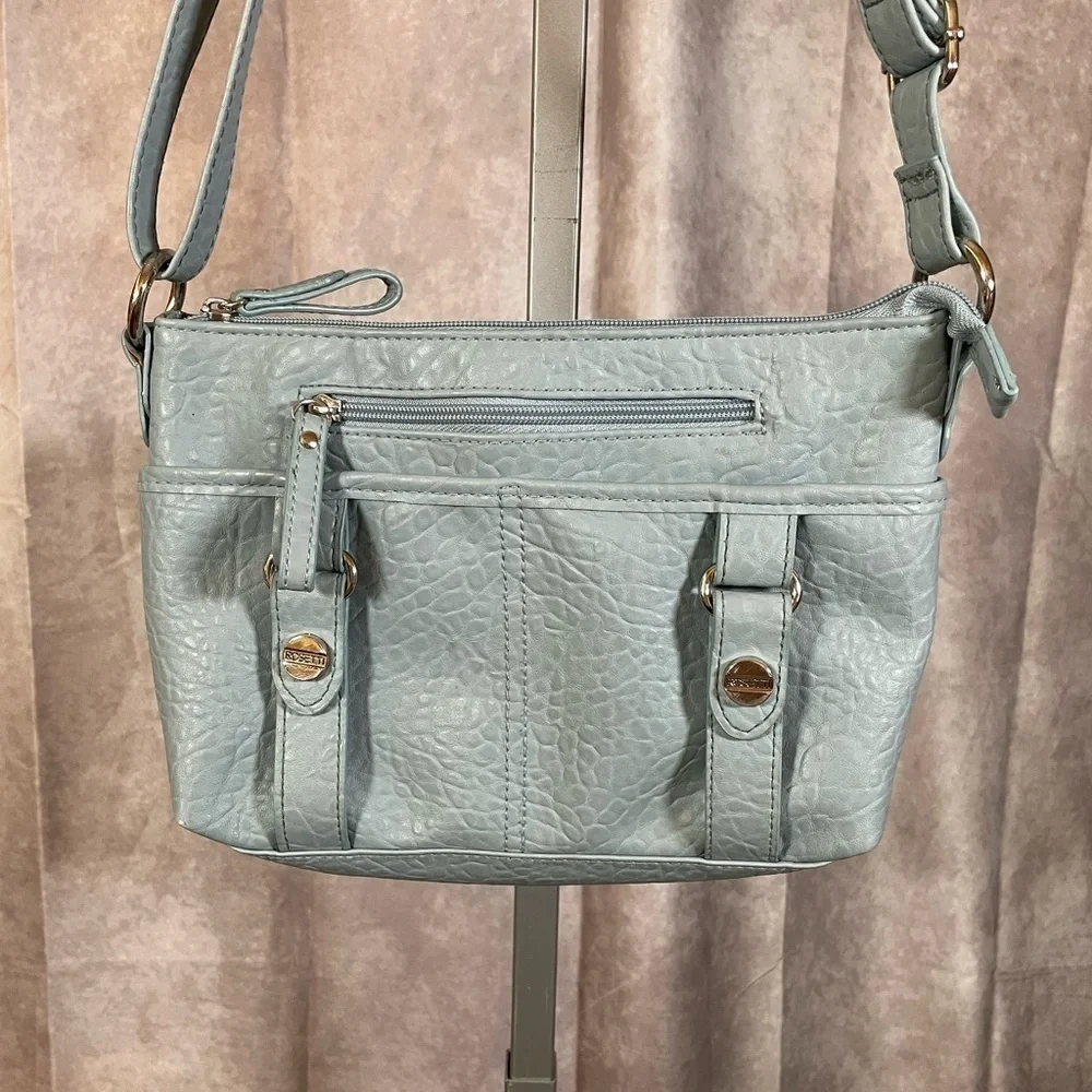 Rosetti Light Blue Crossbody Purse | Multiple Zipper Compartments | Adjustable